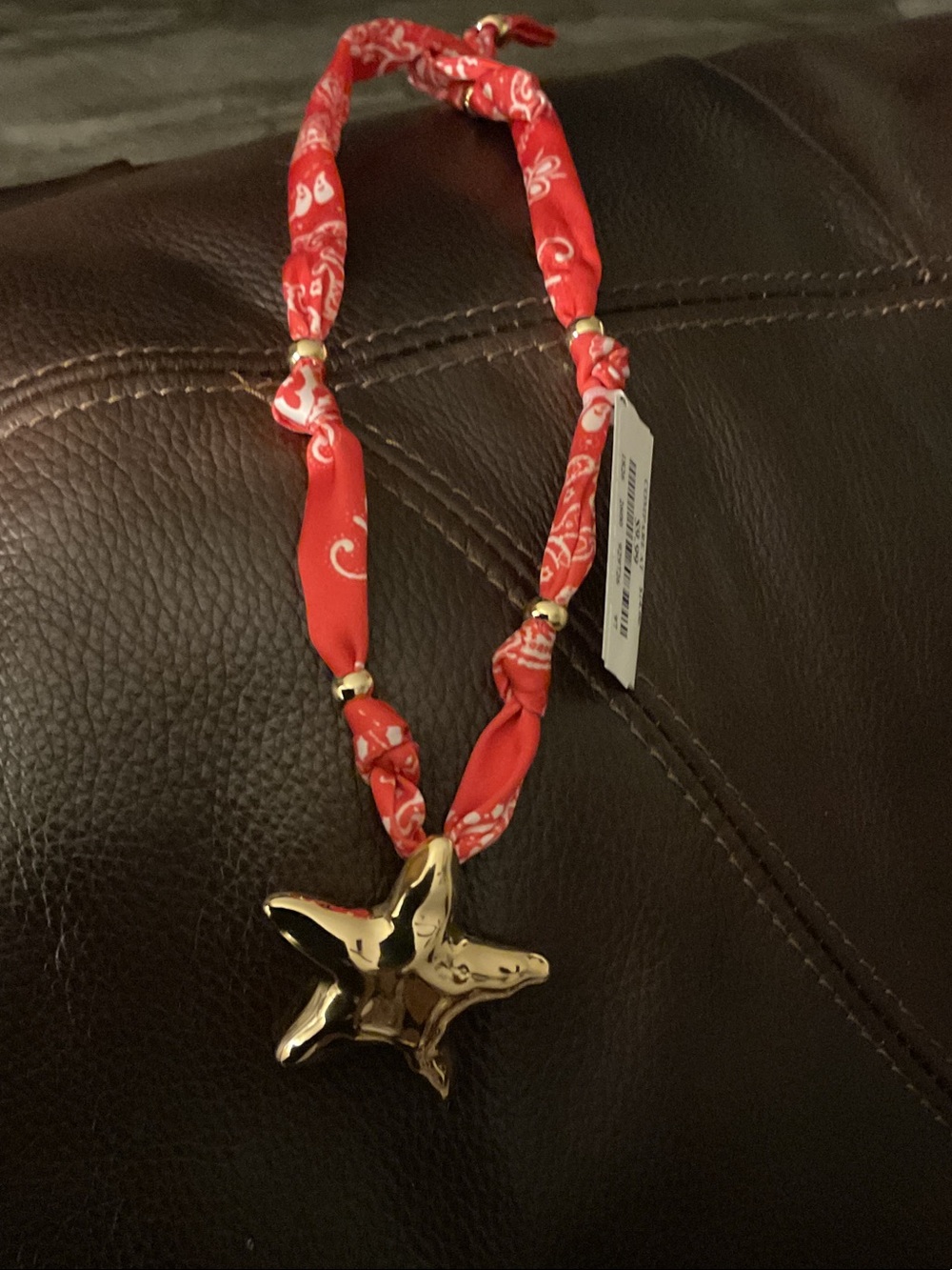 Gold Starfish Pendant Necklace on Red Bandana Chain